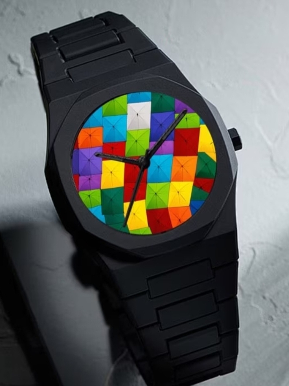 Black Bracelet Watch with Colorful Geometric Dial